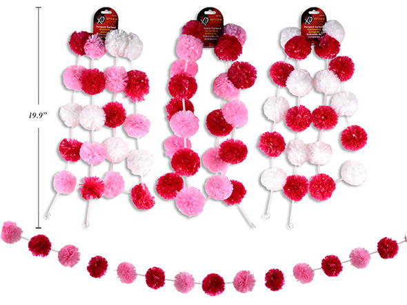 63in (1.6m) Vtine Pom Pom Garland. 3 Asst.Styles. Wrap Header.