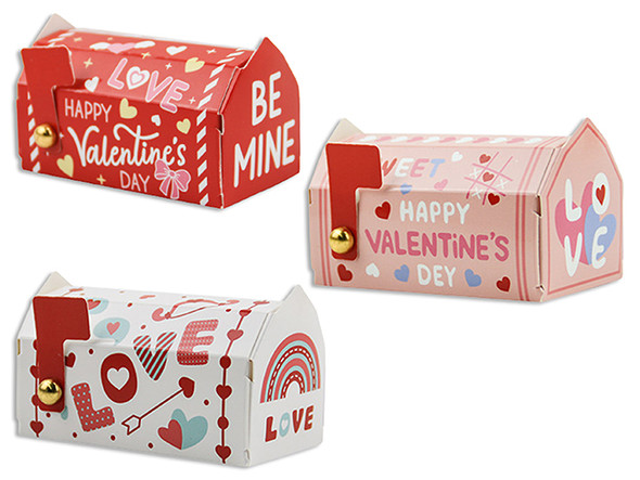 3pk 3.15in x 1.97in V'tine Mail Box Candy / Treat Box. 3 Designs/Pack. pbh. English Only