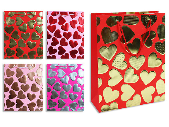 Matte w/Embossed Foil Heart Giftbag - Jumbo. PP Handle. 4 Asst.Styles. J-hook.