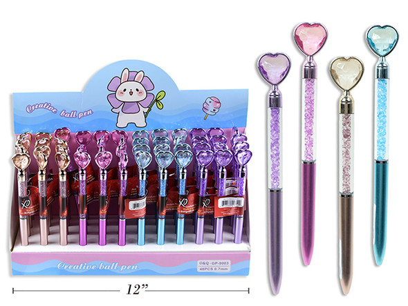 6.6in Confetti Body w/Heart Topper Ballpoint Pen. 4 Asst.Cols. 48/Fty Dsp.