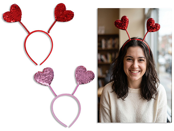 9.45in x 7.87in V'tine Sequin Heart Headbopper. 2 Cols: Red / Pink. Wrap Header.