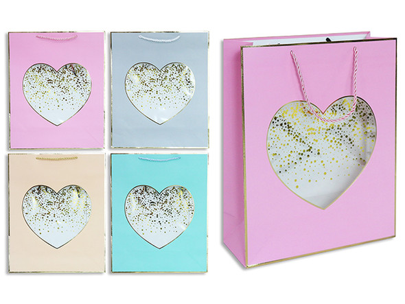 Matte w/Foil Outline Heart Window Giftbag - Medium. PP Handle. 4 Asst.Styles. J-hook.