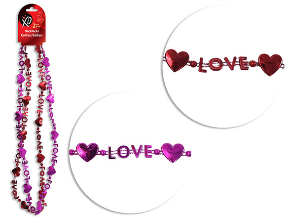 2pk 32in LOVE Heart Beaded Necklace. 2 Cols/Pack: Red / Pink. Wrap Header. English Only