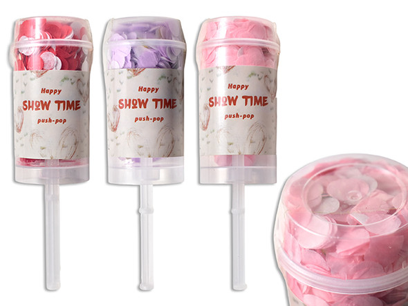 6.9n x 1.97in 10g Confetti Popper Push Pop. 3 Asst.Colours. Colour Label.