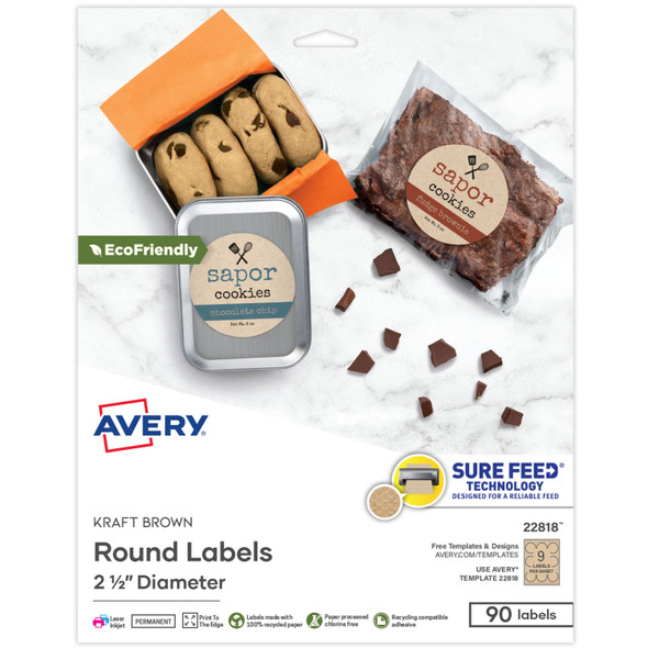 Round Labels Kraft Brown-Laser/Inkjet 2-1/2"  10 Sheets (90 Labels)