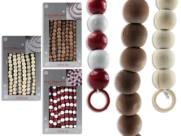 Garland-Beaded/Wood 12ft. 3 Assorted Colors