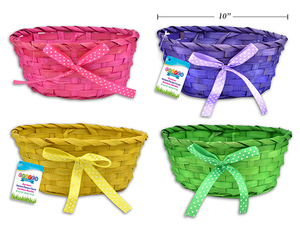 Basket-Bamboo/Oval w/Poka-Dot Bow 8.66in(L) x 6.69in(W) (4 Colors: Yellow/Green/Pink/Purple) (MOQ: 12)