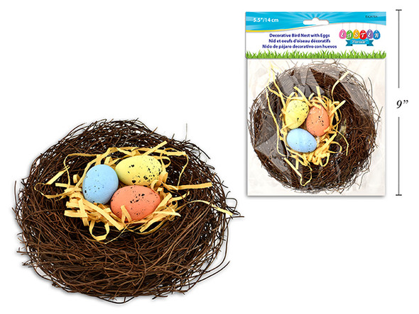Bird Nest in Rattan w/3 Speckeled Easter Eggs 5" (MOQ: 12)