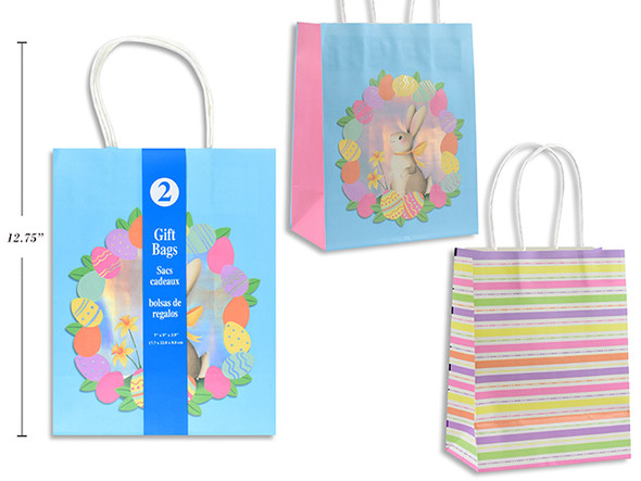 Gift Bags-Easter Prints Foil Hotstamp/Kraft (Medium: 7in(W) x 9in (H) x 3.9in (Gusset) 2 Pk  (MOQ: 12)