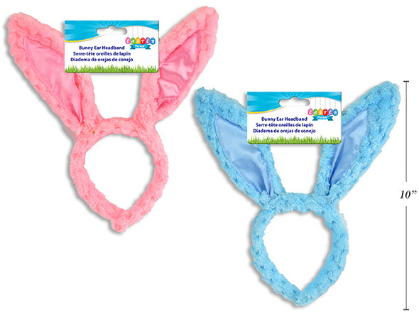 Headband-Soft Plaid Plush Easter Bunny Ears 10.25in (Pink or Blue)