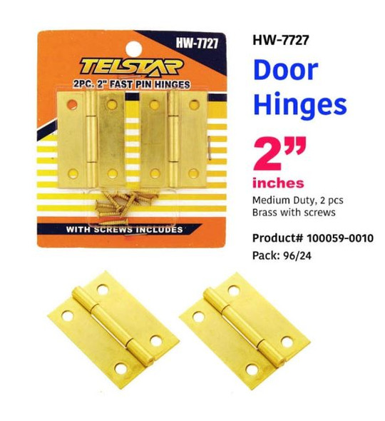 Door Hinges w/Screw 2" Brass  2Pk