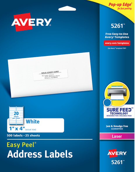 Address Labels w/Sure Feed Technology, Rectangle, 1" x 4", Matte White, 25 Sheets (500 Labels)