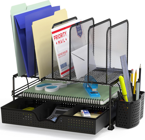 Desk Organizer w/Sliding Drawer, Double Tray and 5 Upright Sections, Black/Mesh