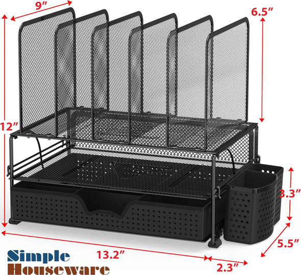 Desk Organizer w/Sliding Drawer, Double Tray and 5 Upright Sections, Black/Mesh