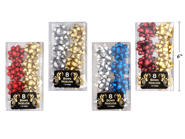 8pk 1.5in Matte/Holographic Mini Gift Bows. 17 loops. 4 Asst.Colours. Acetate Box. Country of origin: CN