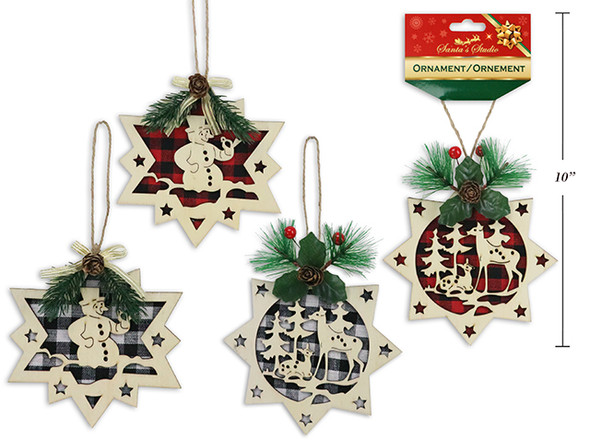 6.25in Xmas 2-Layered MDF Buffalo Plaid Die-Cut Star Ornament. 2 Asst Cols. Cht. Country of origin: CN
