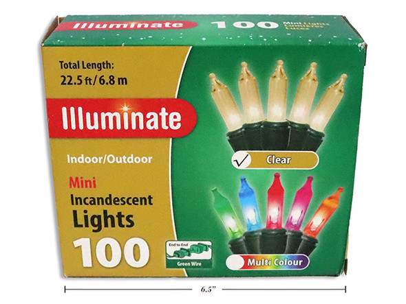 100pk Mini Outdoor Lights - Clear End-To-End. Incandescent. CSA. Colour Box. Country of origin: CN
