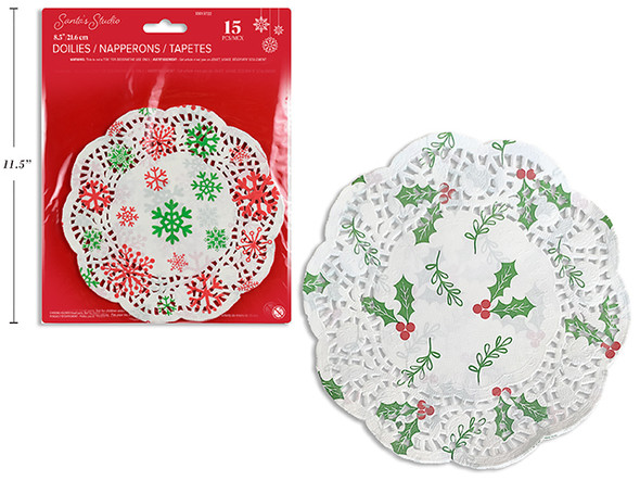 15ct 8.5in Printed Mistletoe Doilies. 2Asst. Polybag w/Headercard. Country of origin: CN