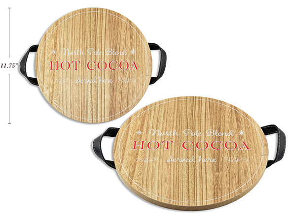 11.75in (D) Xmas Round MDF Grain Serving Tray w/ Leather Handles. Colour Label. Country of origin: CN