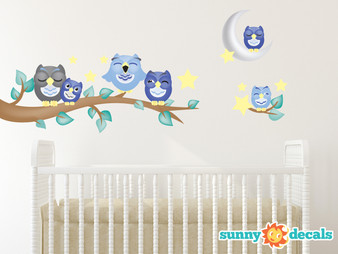 Owl Fabric Wall Decals, Set of 6 Owls with Branch, Stars, and Moon - Blue - Sunny Decals