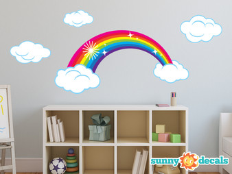 Rainbow Fabric Wall Decal, Sparkling Rainbow with Clouds, Bright Color - Sunny Decals