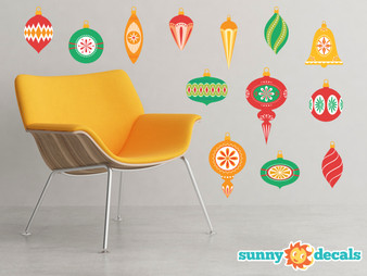 Christmas Ornaments Fabric Wall Decals - Set of 13 Ornaments - Red, Green, Orange - Sunny Decals