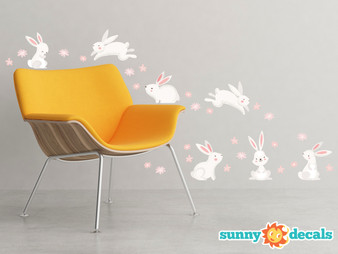 Bunny Rabbits Fabric Wall Decals - Set of 7 Cute Bunnies with Set of 24 Flowers  - Sunny Decals