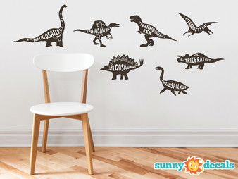 Dinosaur Wall Decals, Set of 7 Fabric Wall Decals, Brachiosaurus, Tyrannosaurus Rex, Triceratops, Stegosaurus, Pterodactylus, and More, Non toxic Educational Wall Art 