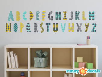 Modern Alphabet Fabric Wall Decals - Orange Grey Turquoise Black - Sunny Decals