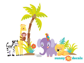 Safari Fabric Wall Decal with Palm Tree, Lion, Giraffe, Zebra and More - Sunny Decals