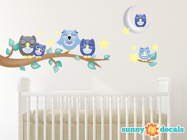 Owl Fabric Wall Decals, Set of 6 Owls with Branch, Stars, and Moon - Blue - Sunny Decals Owl Fabric Wall Decals, Set of 6 Owls with Branch, Stars, and Moon - Blue - Sunny Decals