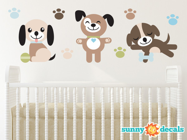 Puppy Dogs Fabric Wall Decals, Set of Three Adorable Puppies with Paw Prints - Sunny Decals