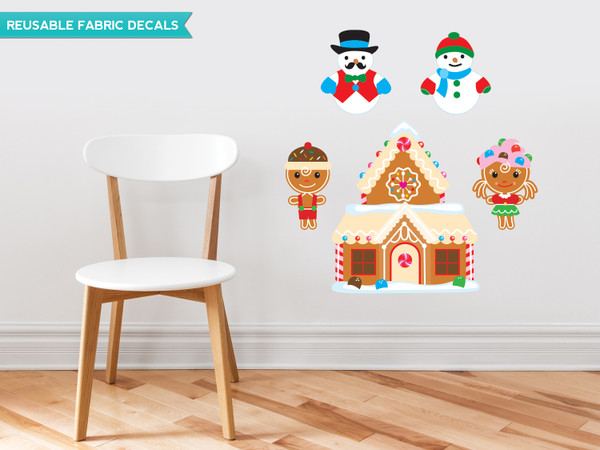 Christmas Fabric Wall Decal Set with Gingerbread house, Gingerbread Men, and Snowmen - Sunny Decals