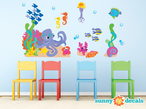 Ocean Fabric Wall Decal Set, Under the Sea Theme with Fish, Octopus, Sea Horses, and More - Sunny Decals