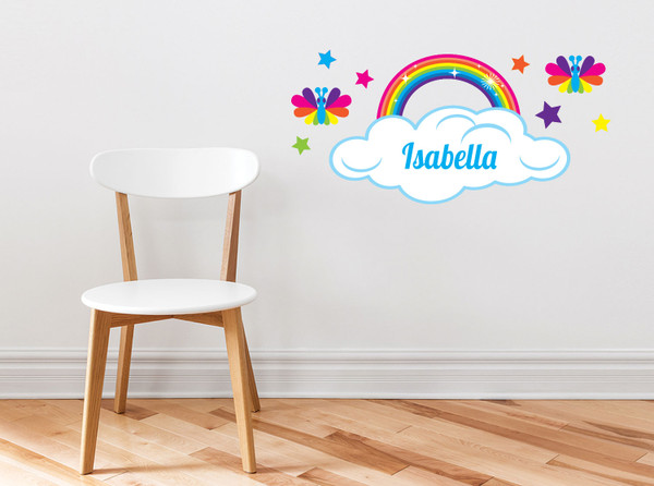Bright Rainbow with Custom Name Fabric Wall Decal with Butterflies and Stars - Sunny Decals Bright Rainbow with Custom Name Fabric Wall Decal with Butterflies and Stars - Sunny Decals