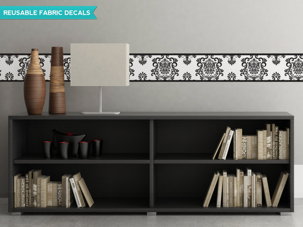 Damask Wall Border Fabric Wall Decal - Black and White - Set Of Two 25" x 8" Sections - Sunny Decals