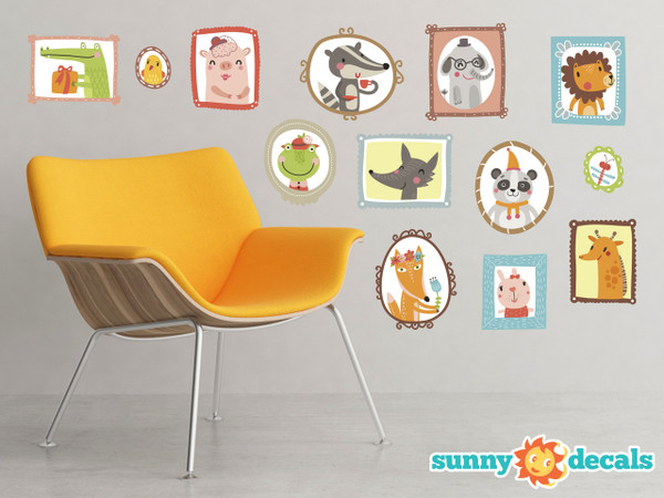 Framed Animal Pictures Fabric Wall Decals - Set of 13 Adorable Animals - Sunny Decals Framed Animal Pictures Fabric Wall Decals - Set of 13 Adorable Animals - Sunny Decals