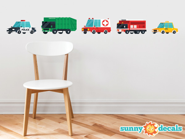 Transports Fabric Wall Decal, Set of 5 Emergency Rescue Vehicles and City Trucks - Sunny Decals