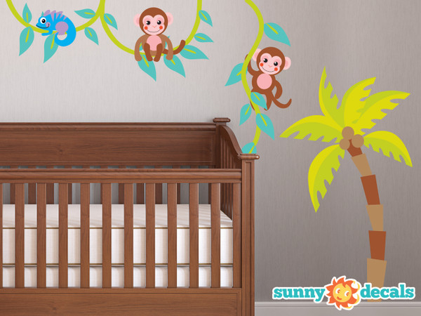 Monkeys on a Vine Fabric Wall Decal with Palm Tree, Monkey Vine Decal - Sunny Decals Monkeys on a Vine Fabric Wall Decal with Palm Tree, Monkey Vine Decal - Sunny Decals
