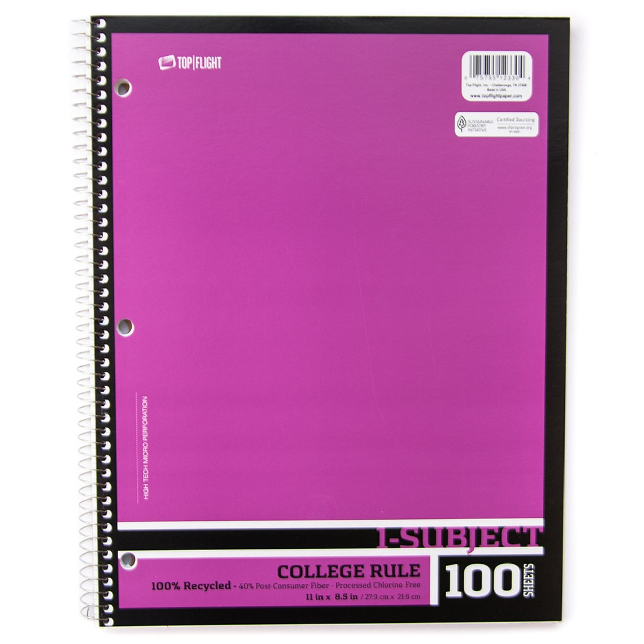 Recycled 1 Subject Wire bound Notebook, College Rule, 30% Post-Consumer  Waste pages, 100 Sheets, Purple