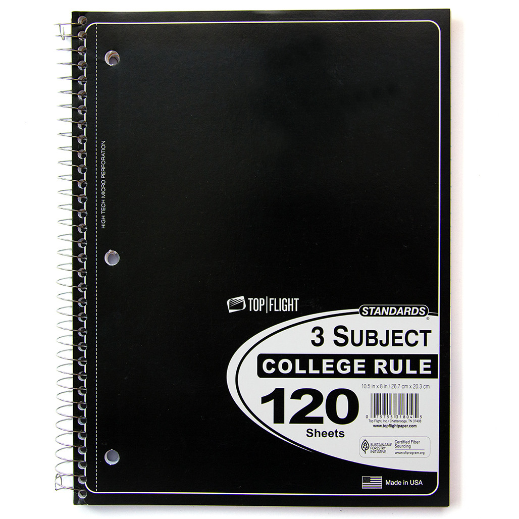 Wireless Notebook College Ruled Standards® 3 Subject, Wirebound Notebook, College Rule, 120 Sheets, Black