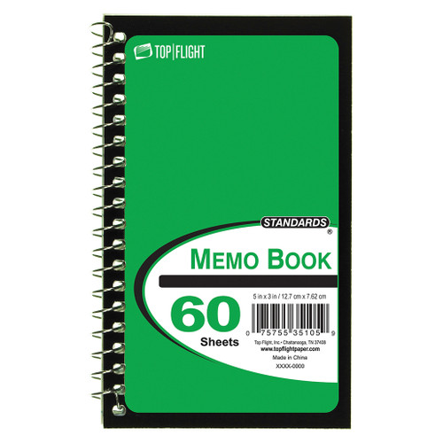 Standards® Memo Book, Side Wire, 5"x 3", Narrow Rule, 60 Sheets, Green