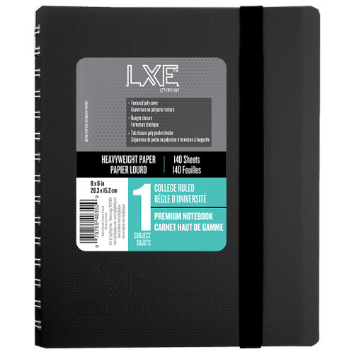 LXE® Medium 1 Subject Poly Wirebound Notebook, Heavyweight 20 lb. Paper, College Ruled, 8" x 6", 140 Sheets, Black