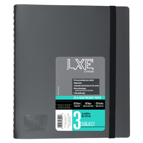LXE® 3 Subject Poly Wirebound Notebook, Heavyweight 20 lb. Paper, College Ruled, 120 Sheets, Gray