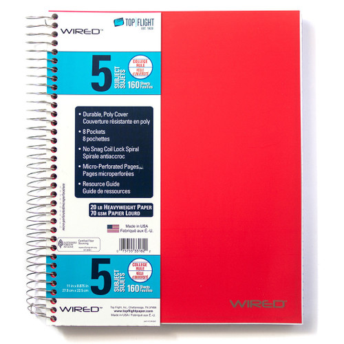 WIRED® 5 Subject Poly Cover Wirebound Notebook, Heavyweight 20 lb. Paper, College Ruled, 160 Sheets, Red