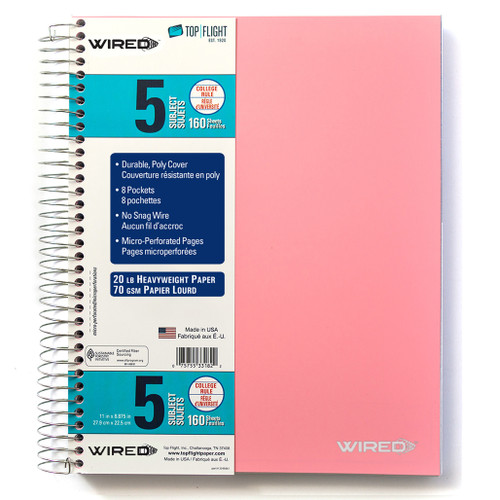 WIRED 5 Subject Poly Cover Wirebound Notebook, Heavyweight 20 lb. Paper, College Ruled, 160 Sheets, Pink