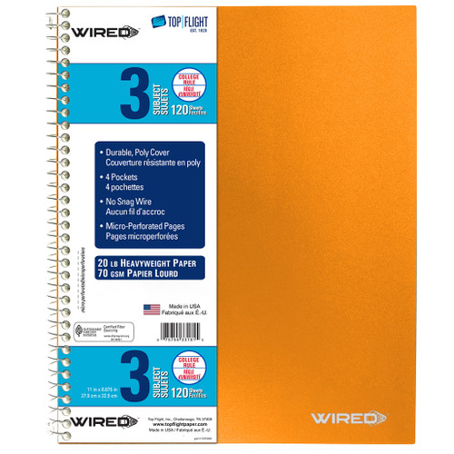 WIRED® 3 Subject Poly Cover Wirebound Notebook, Heavyweight 20 lb. Paper, College Ruled, 120 Sheets, Orange