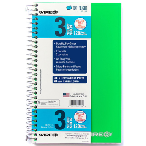WIRED® 3 Subject Poly Cover Wirebound Notebook, Heavyweight 20 lb. Paper, College Ruled, 9.5" x 6"120 Sheets, Green