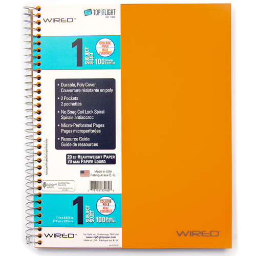 WIRED® 1 Subject Spiral Poly Wirebound Notebook, Heavyweight 20 lb Paper, College Ruled, 1 Double Pocket, 100 Sheets, Orange