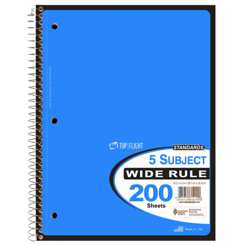 Standards® 5 Subject, Wirebound Notebook, Wide Rule, 200 Sheets, Blue